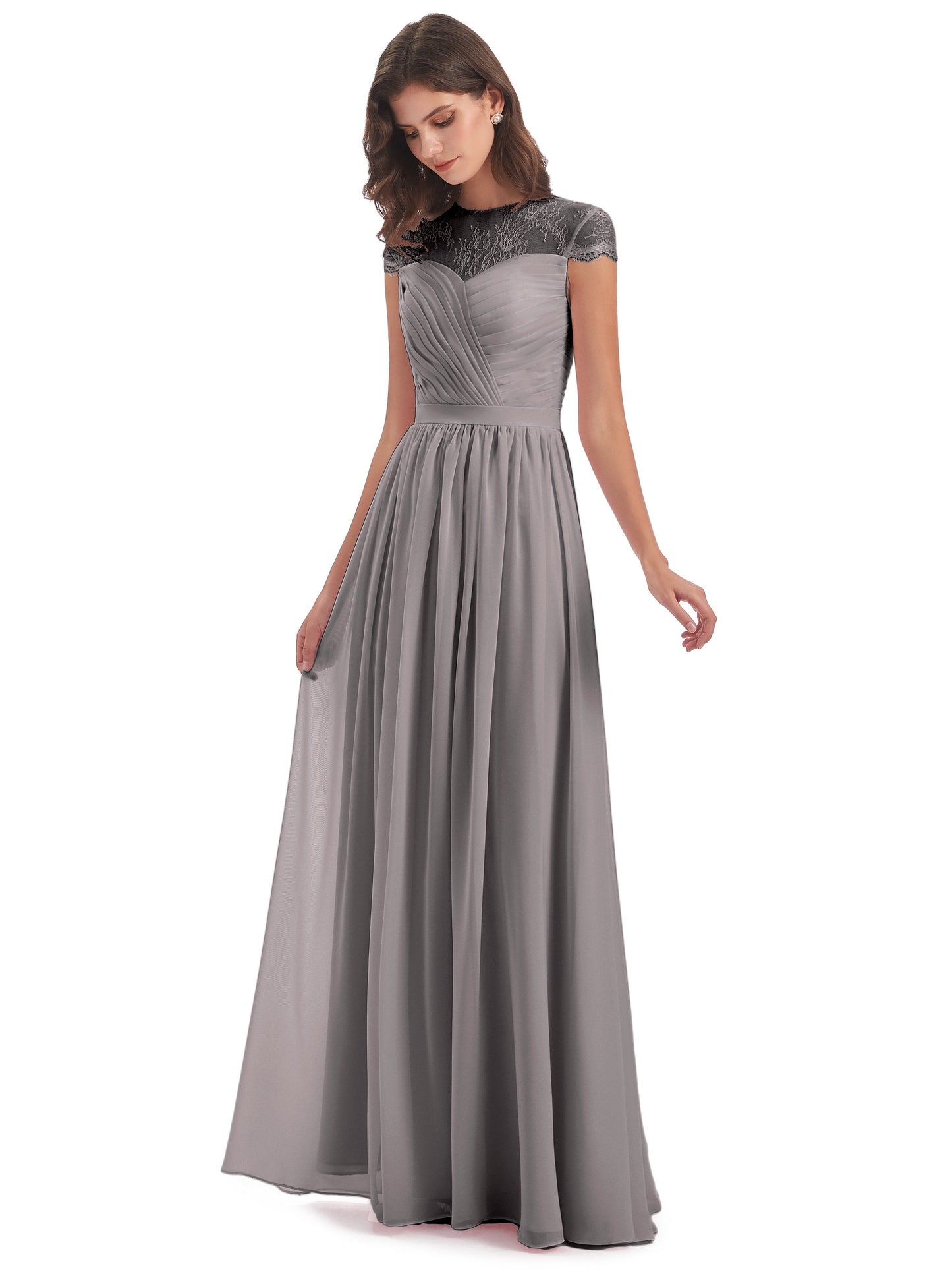 Nora Illusion Cap Sleeves Lace Long Bridesmaid Dresses