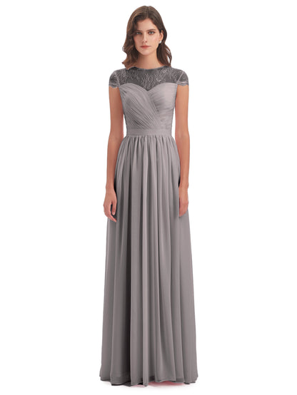 Nora Illusion Cap Sleeves Lace Long Bridesmaid Dresses