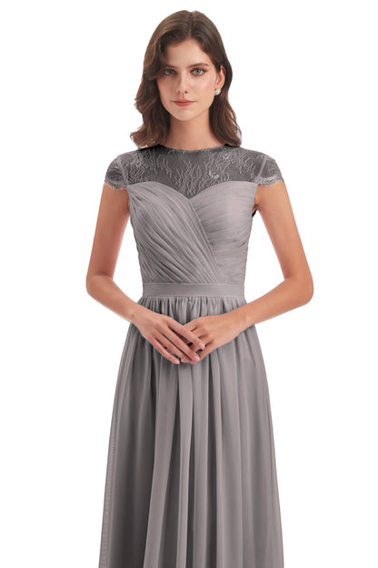 Nora Illusion Cap Sleeves Lace Long Bridesmaid Dresses