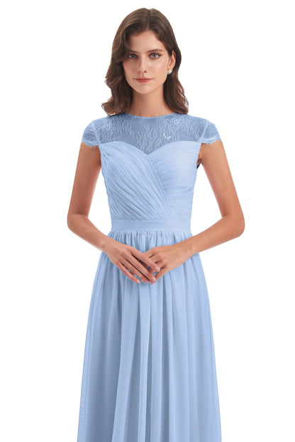 Nora Illusion Cap Sleeves Lace Long Bridesmaid Dresses