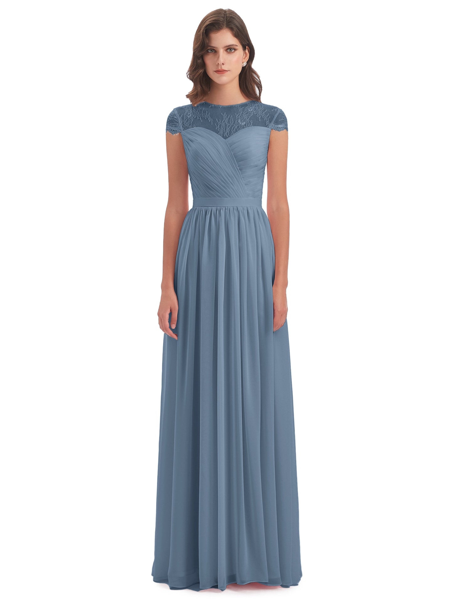 Nora Illusion Cap Sleeves Lace Long Bridesmaid Dresses
