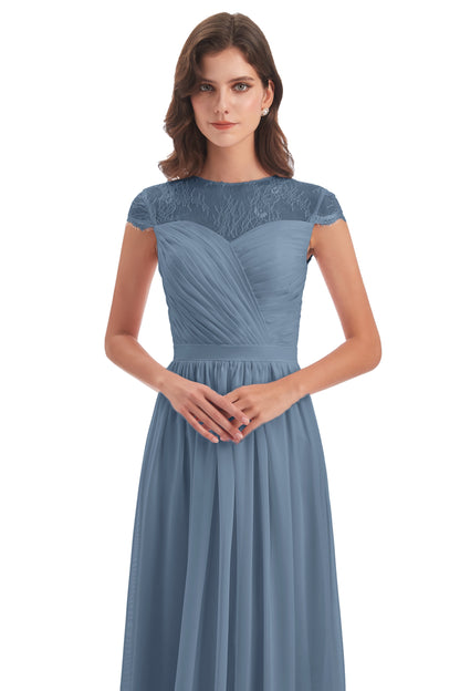 Nora Illusion Cap Sleeves Lace Long Bridesmaid Dresses