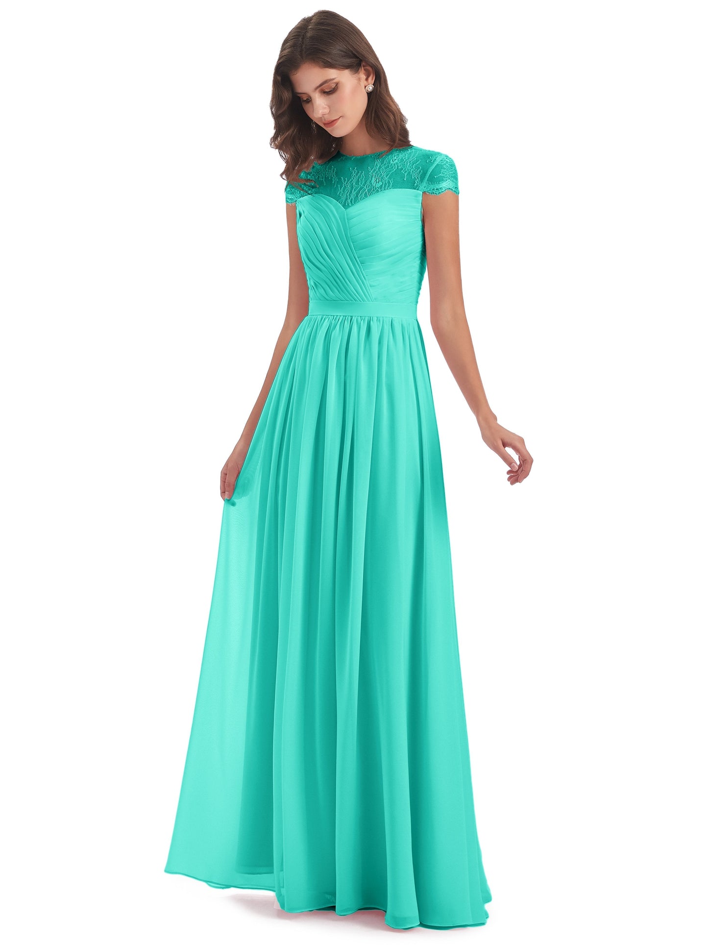 Nora Illusion Cap Sleeves Lace Long Bridesmaid Dresses