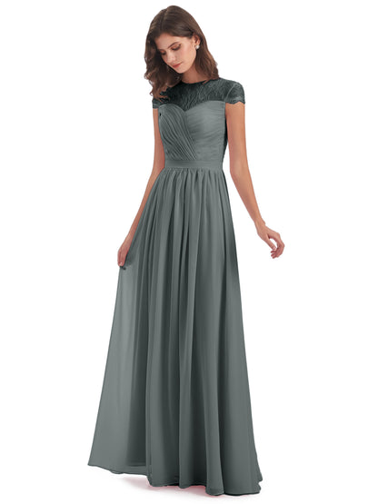 Nora Illusion Cap Sleeves Lace Long Bridesmaid Dresses