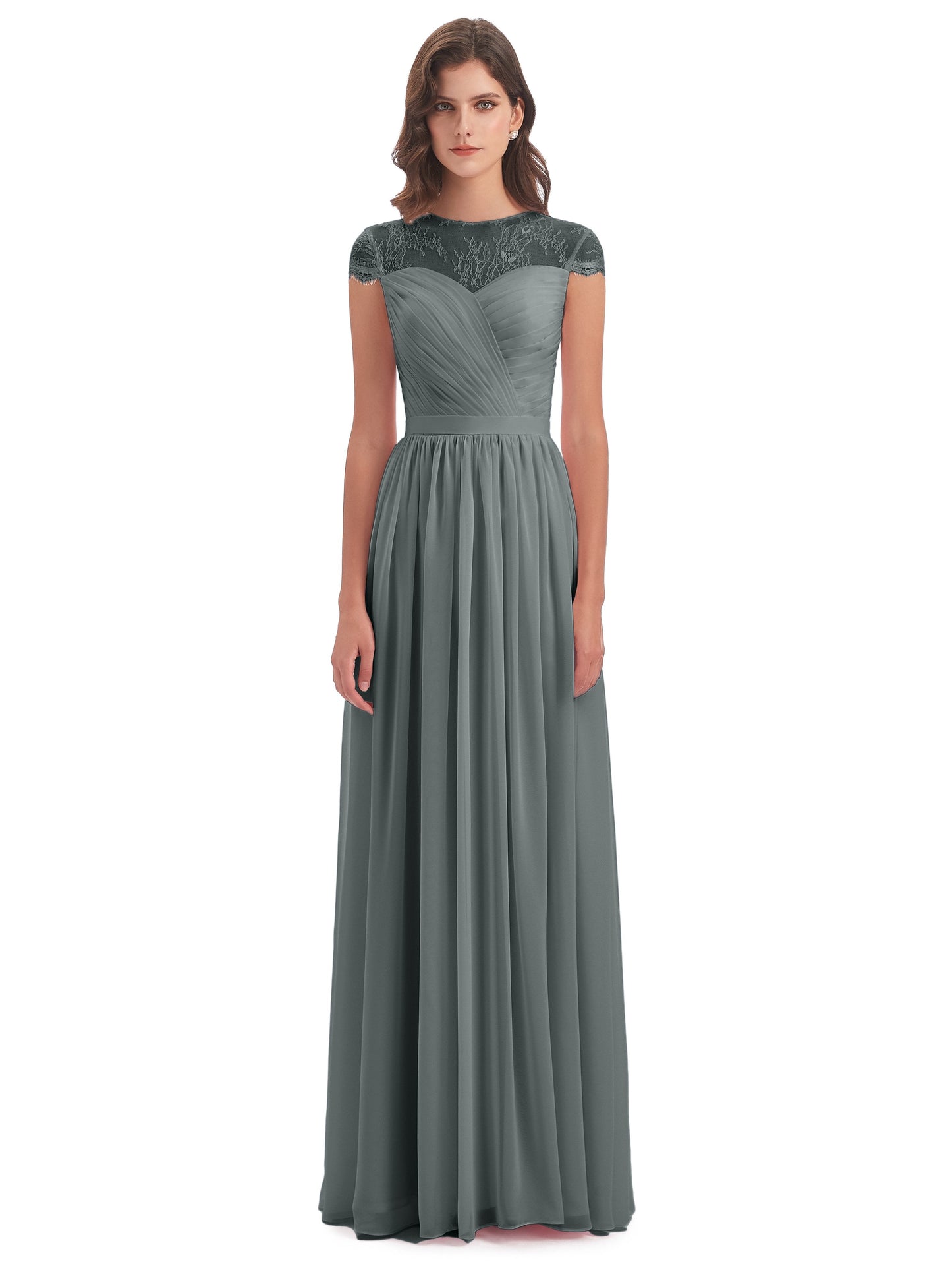 Nora Illusion Cap Sleeves Lace Long Bridesmaid Dresses