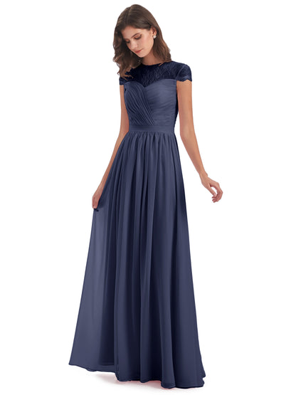 Nora Illusion Cap Sleeves Lace Long Bridesmaid Dresses