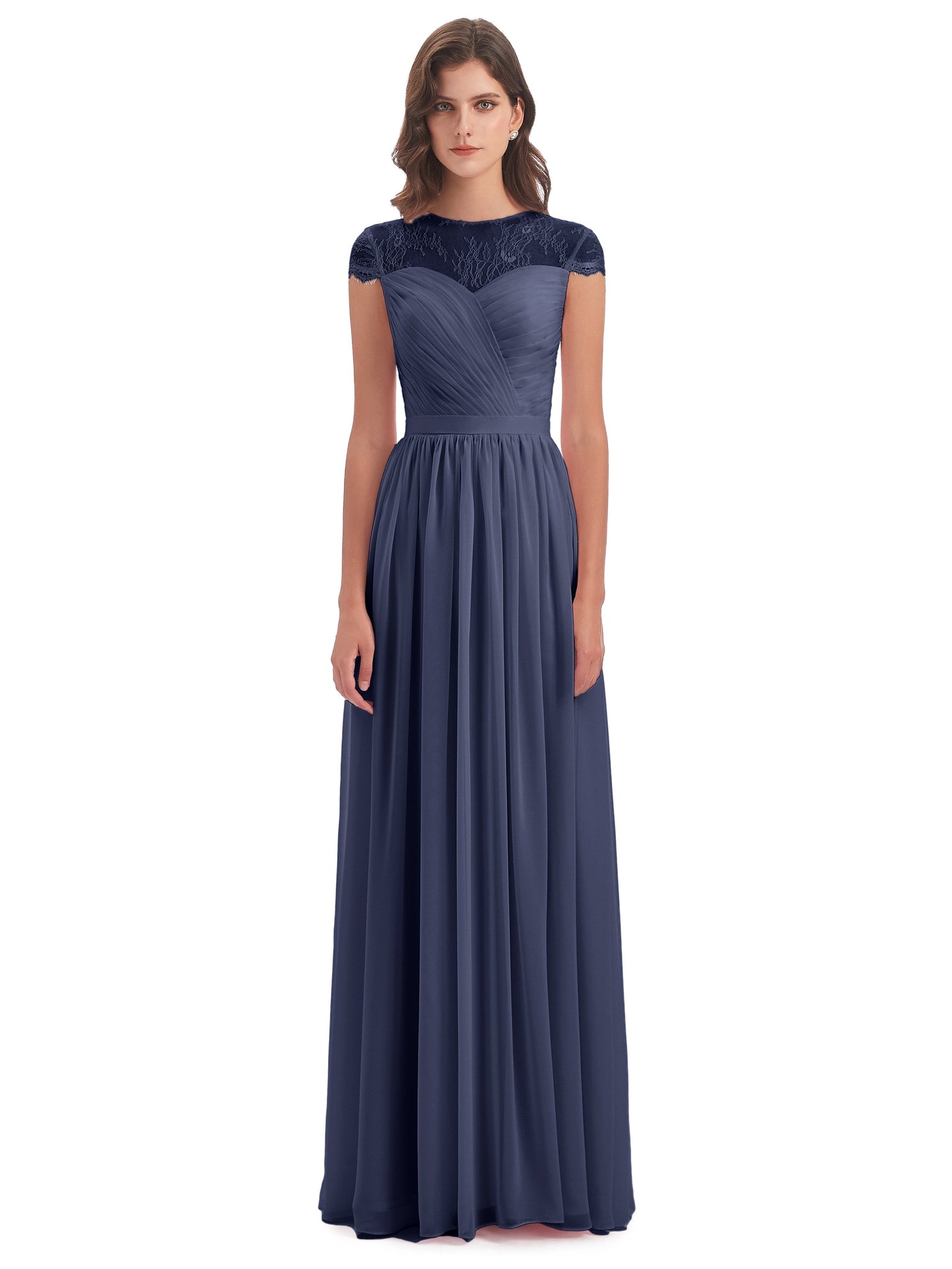 Nora Illusion Cap Sleeves Lace Long Bridesmaid Dresses