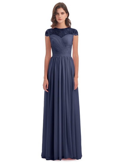 Nora Illusion Cap Sleeves Lace Long Bridesmaid Dresses