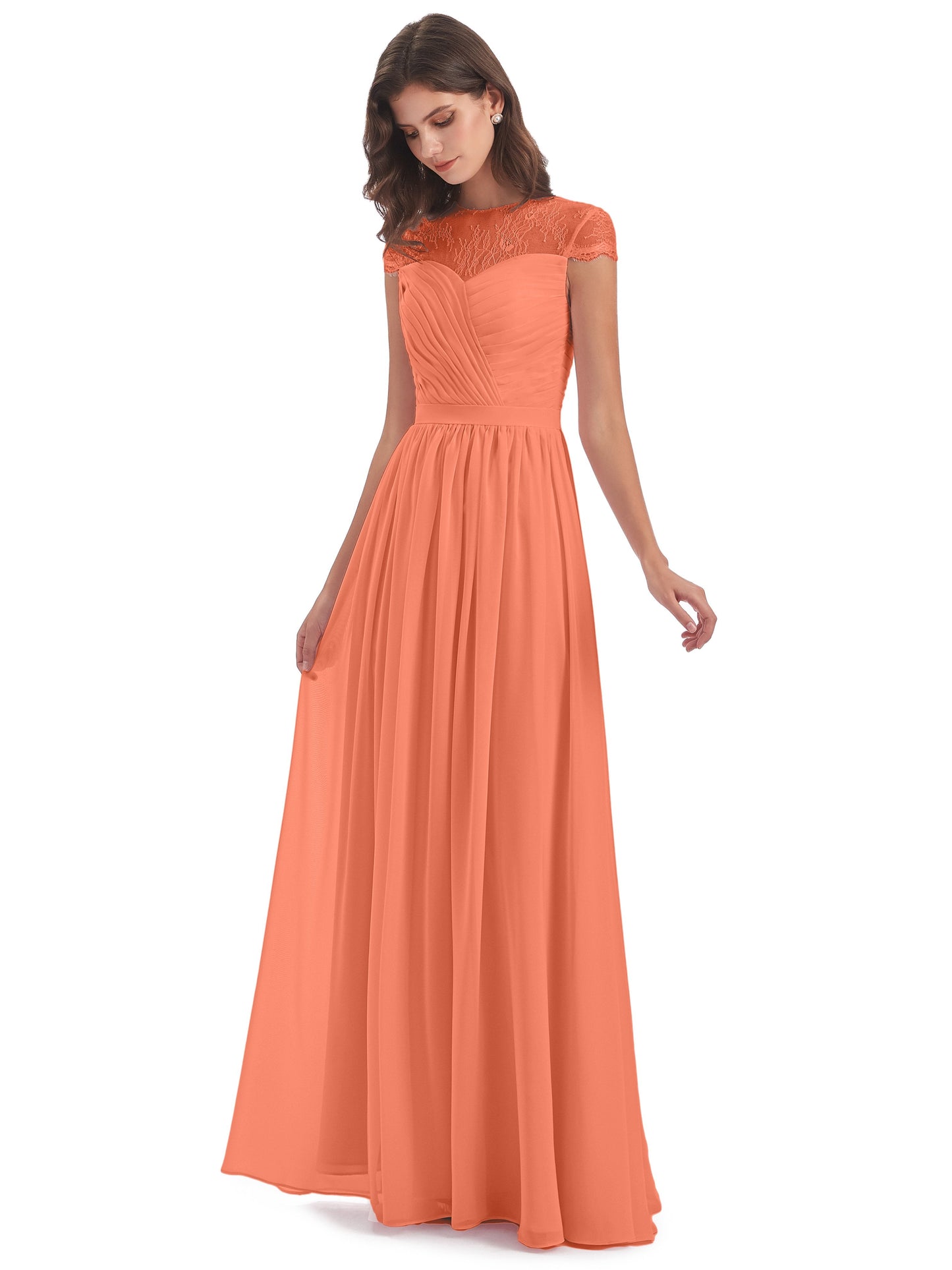 Nora Illusion Cap Sleeves Lace Long Bridesmaid Dresses