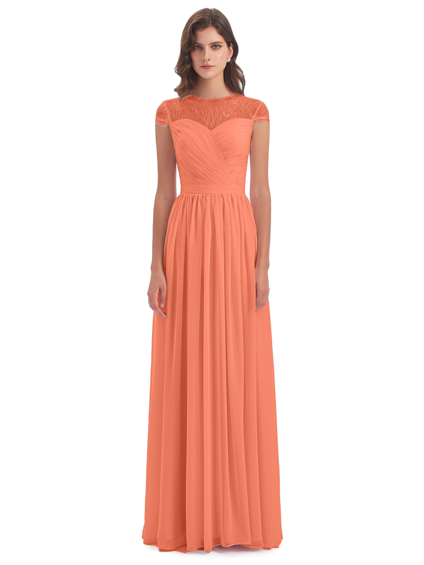 Nora Illusion Cap Sleeves Lace Long Bridesmaid Dresses