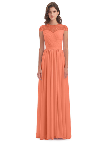 Nora Illusion Cap Sleeves Lace Long Bridesmaid Dresses