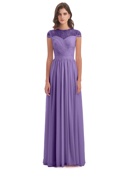 Nora Illusion Cap Sleeves Lace Long Bridesmaid Dresses