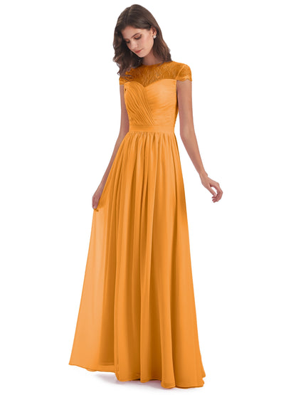 Nora Illusion Cap Sleeves Lace Long Bridesmaid Dresses