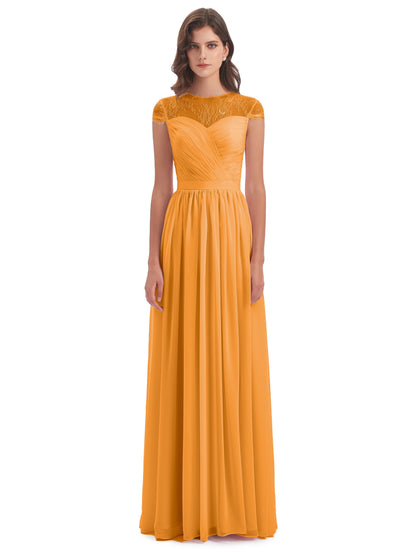Nora Illusion Cap Sleeves Lace Long Bridesmaid Dresses