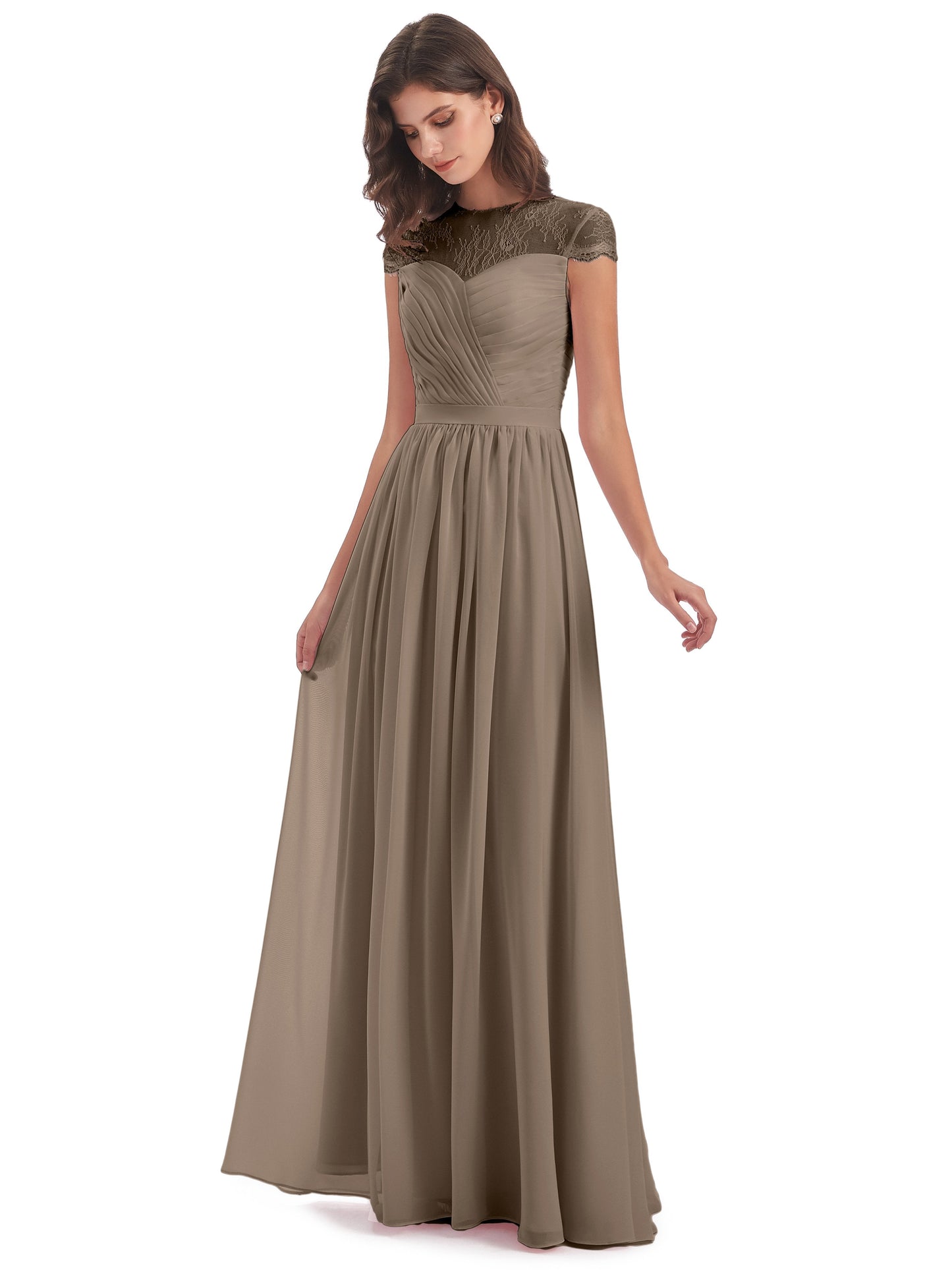 Nora Illusion Cap Sleeves Lace Long Bridesmaid Dresses