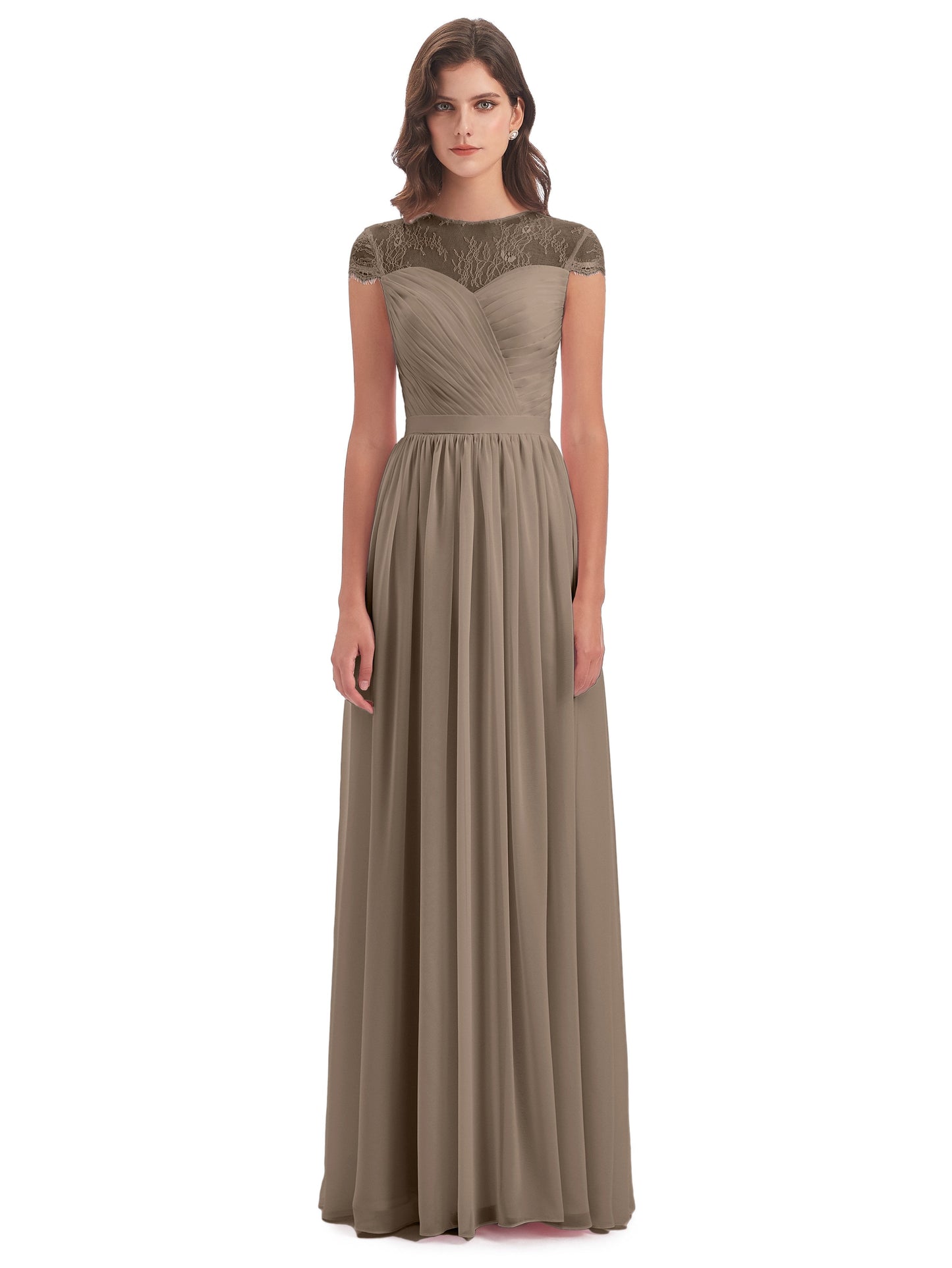 Nora Illusion Cap Sleeves Lace Long Bridesmaid Dresses