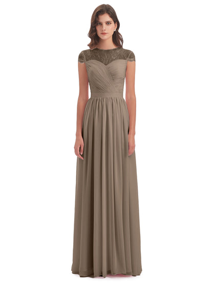 Nora Illusion Cap Sleeves Lace Long Bridesmaid Dresses