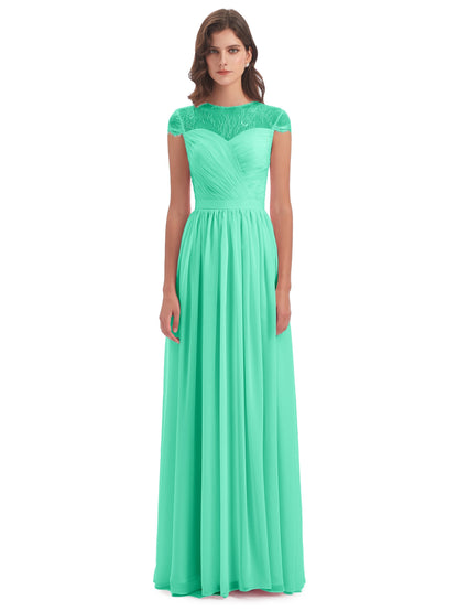 Nora Illusion Cap Sleeves Lace Long Bridesmaid Dresses