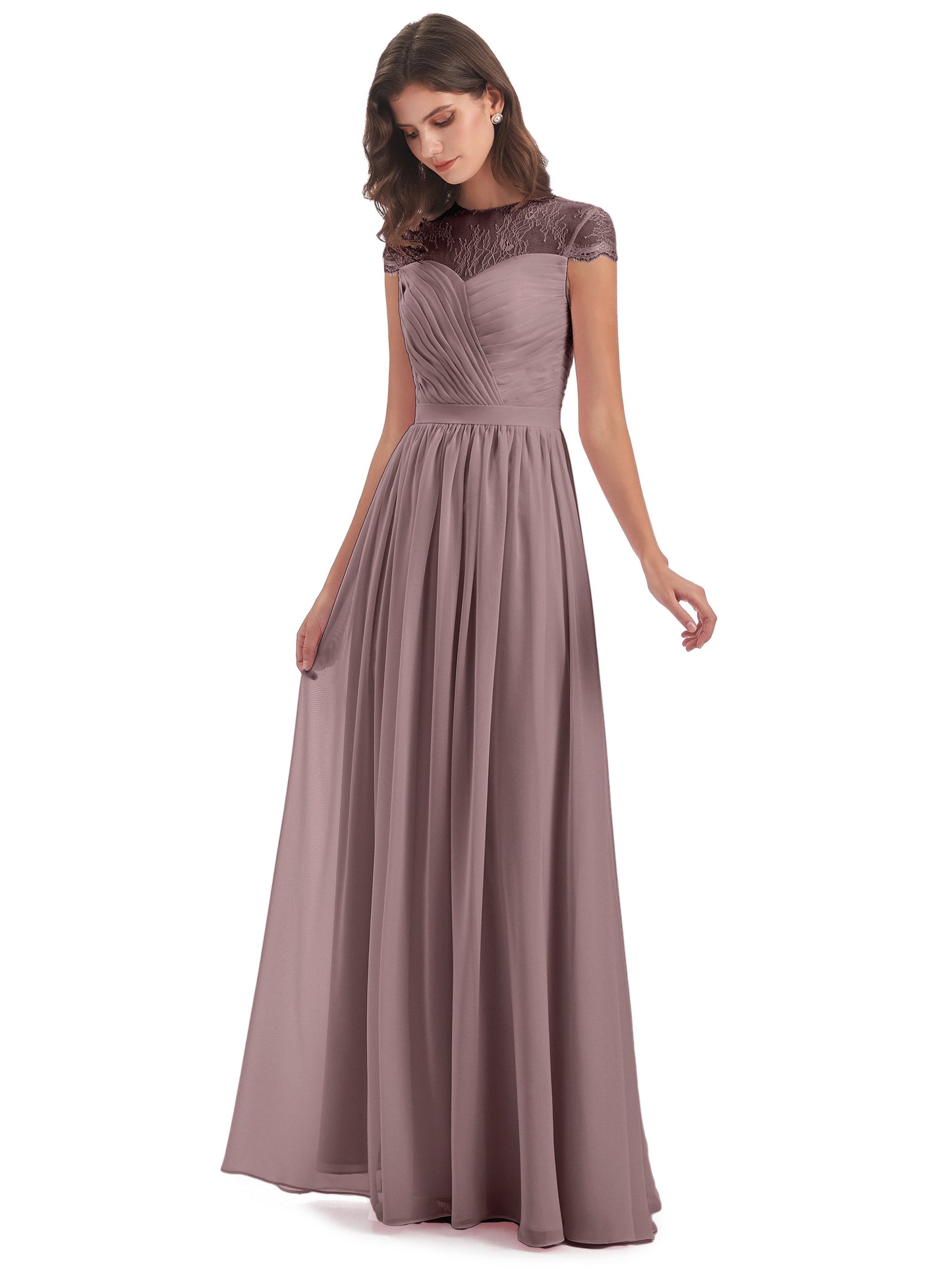 Nora Illusion Cap Sleeves Lace Long Bridesmaid Dresses