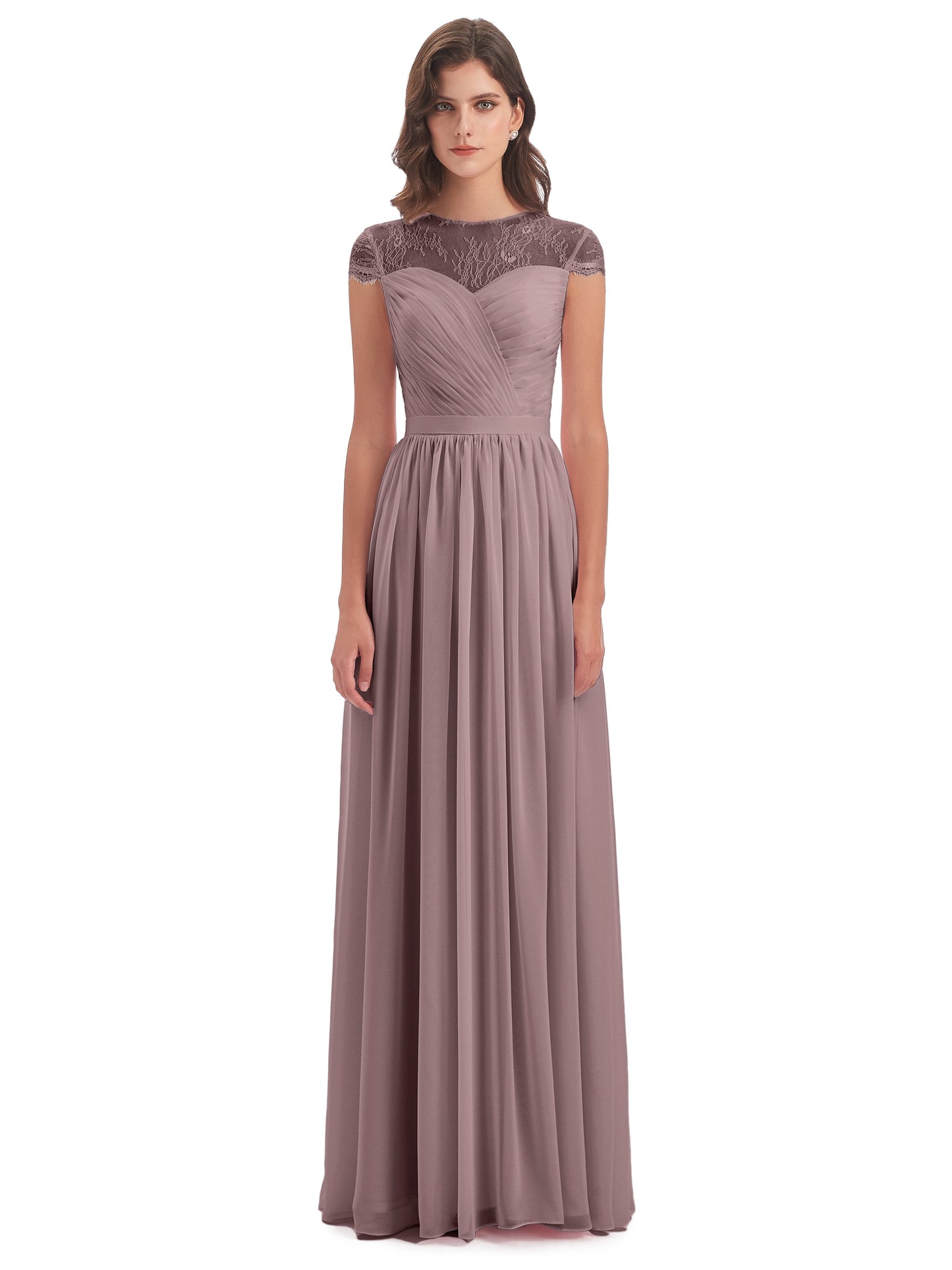 Nora Illusion Cap Sleeves Lace Long Bridesmaid Dresses