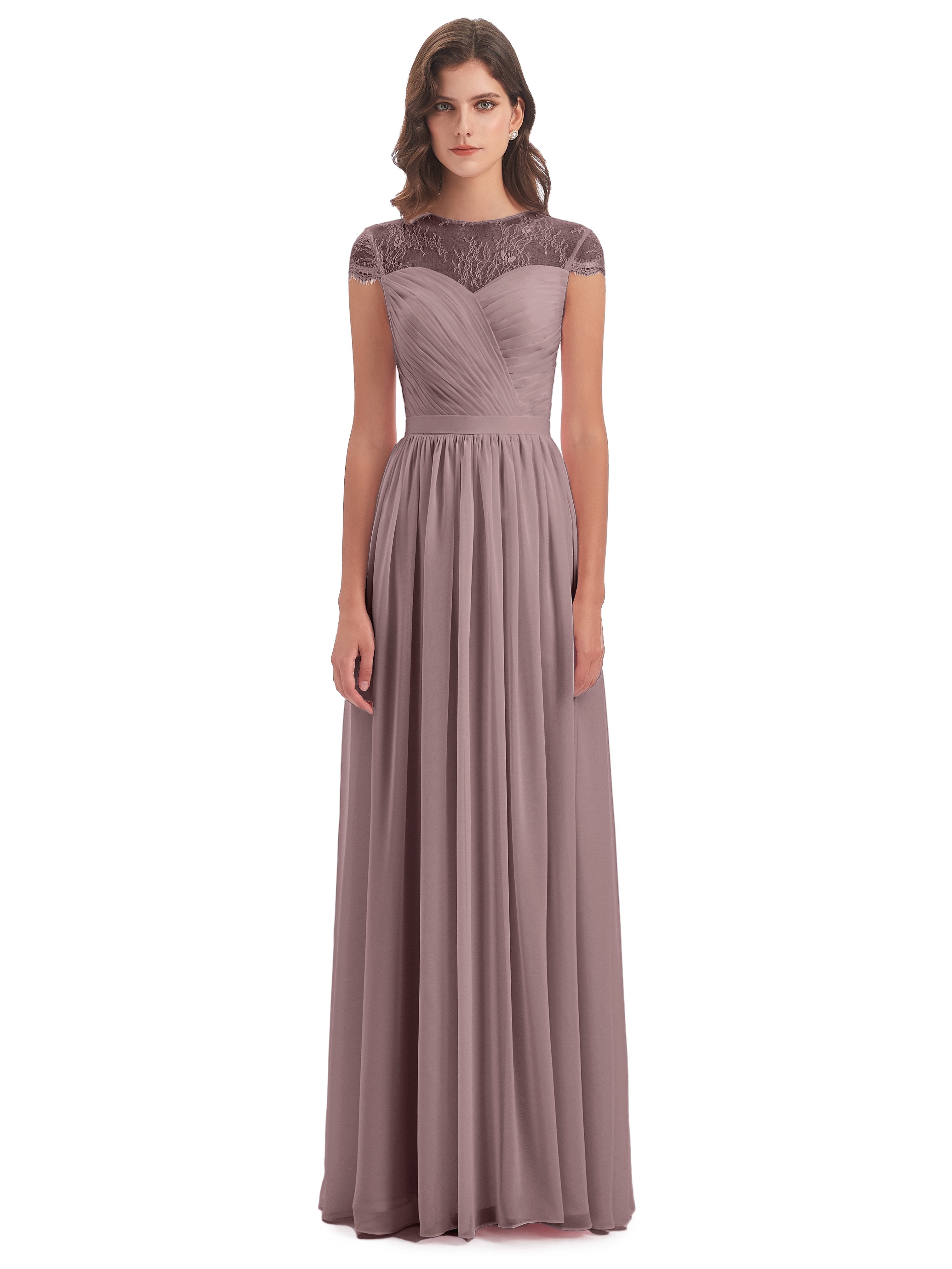 Nora Illusion Cap Sleeves Lace Long Bridesmaid Dresses