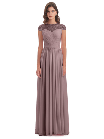 Nora Illusion Cap Sleeves Lace Long Bridesmaid Dresses