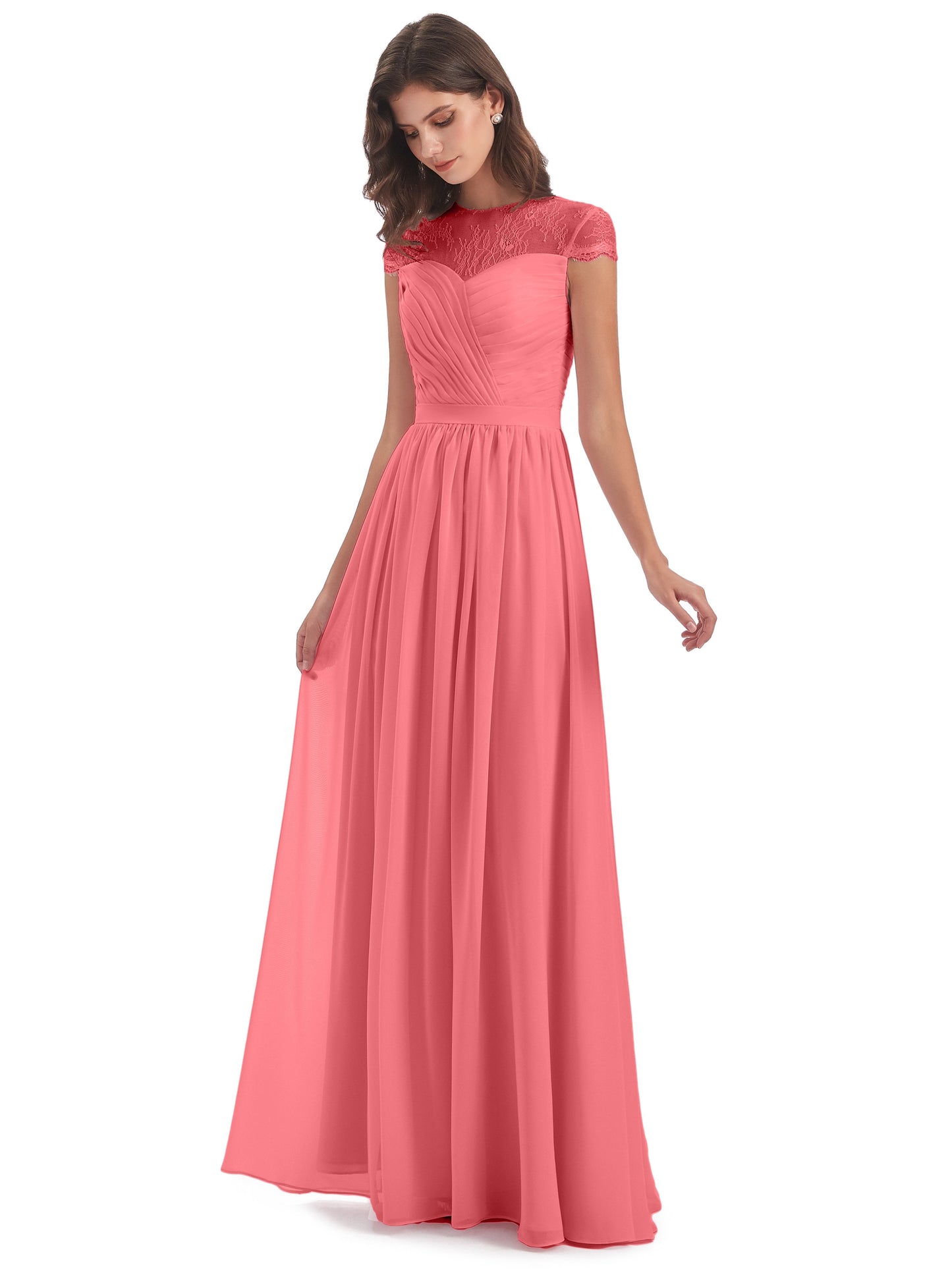 Nora Illusion Cap Sleeves Lace Long Bridesmaid Dresses