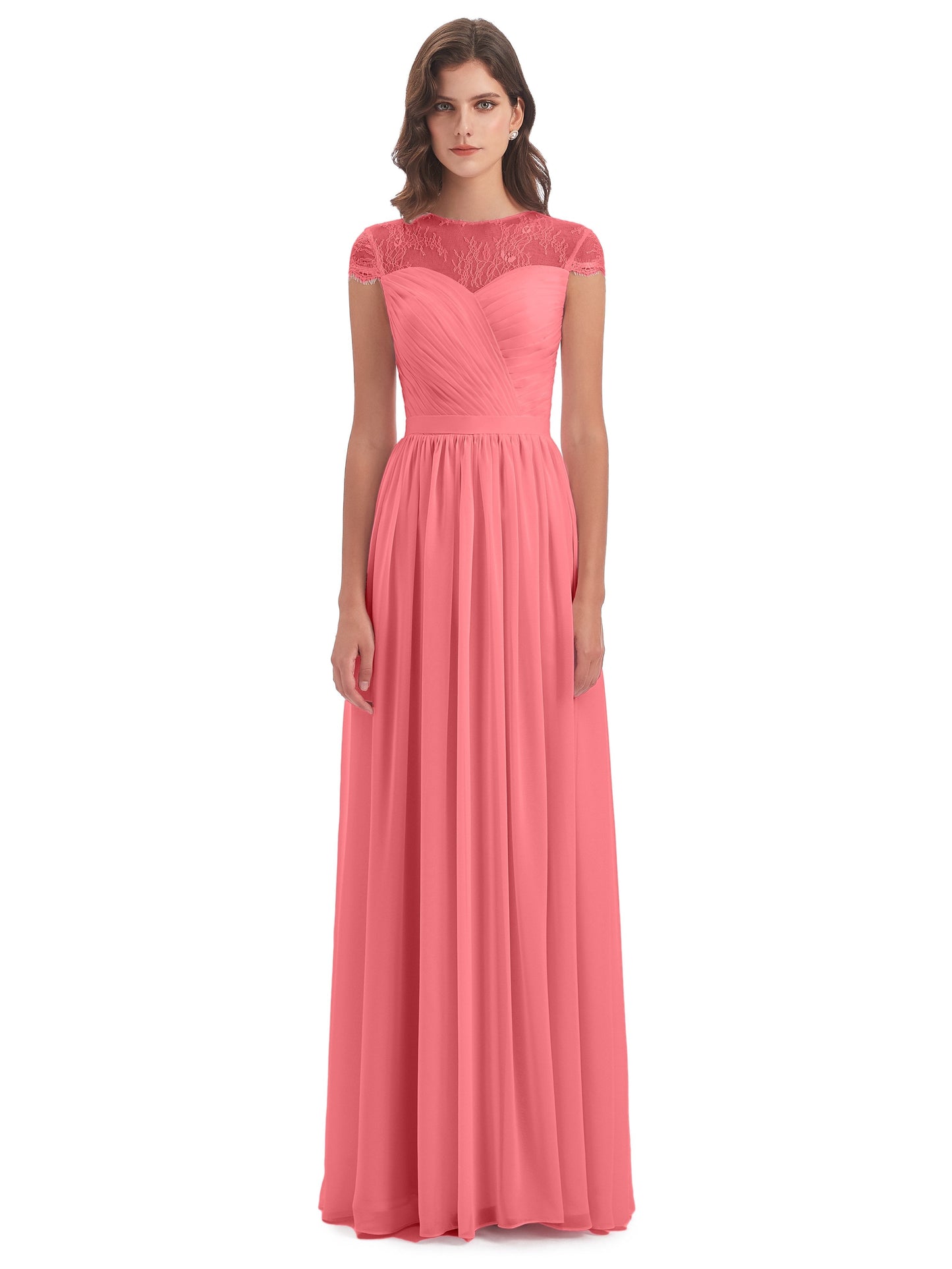 Nora Illusion Cap Sleeves Lace Long Bridesmaid Dresses