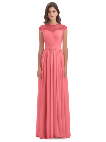 Nora Illusion Cap Sleeves Lace Long Bridesmaid Dresses