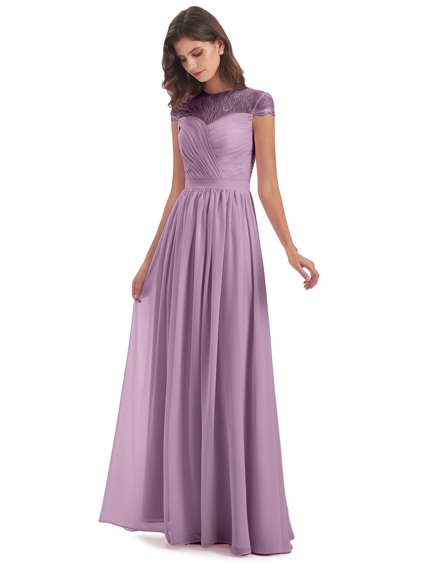 Nora Illusion Cap Sleeves Lace Long Bridesmaid Dresses