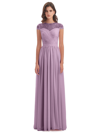 Nora Illusion Cap Sleeves Lace Long Bridesmaid Dresses