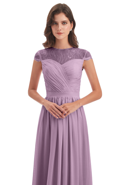 Nora Illusion Cap Sleeves Lace Long Bridesmaid Dresses
