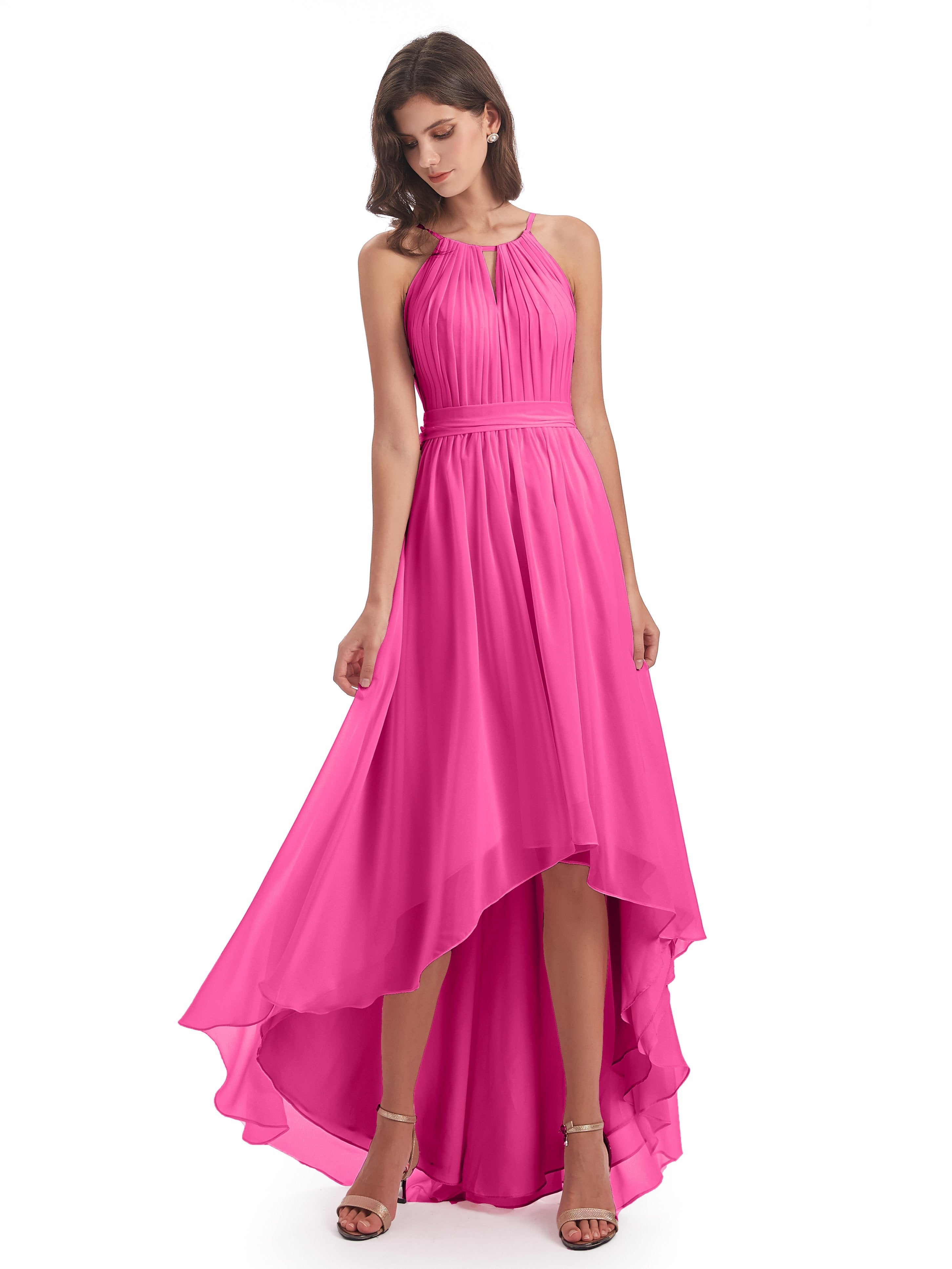 Oaklee Asymmetrical High Low Halter Chiffon Bridesmaid Dresses