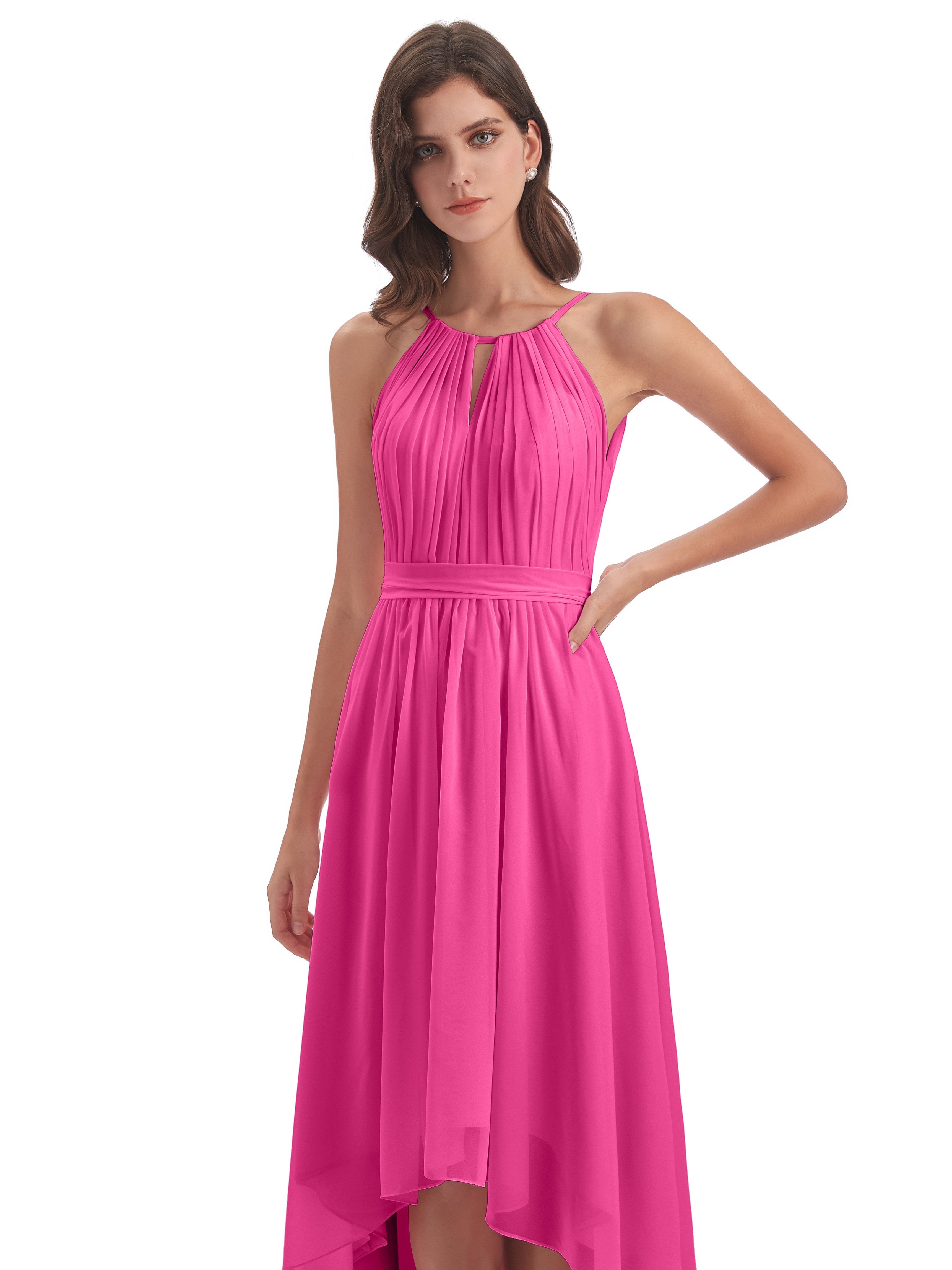 Oaklee Asymmetrical High Low Halter Chiffon Bridesmaid Dresses