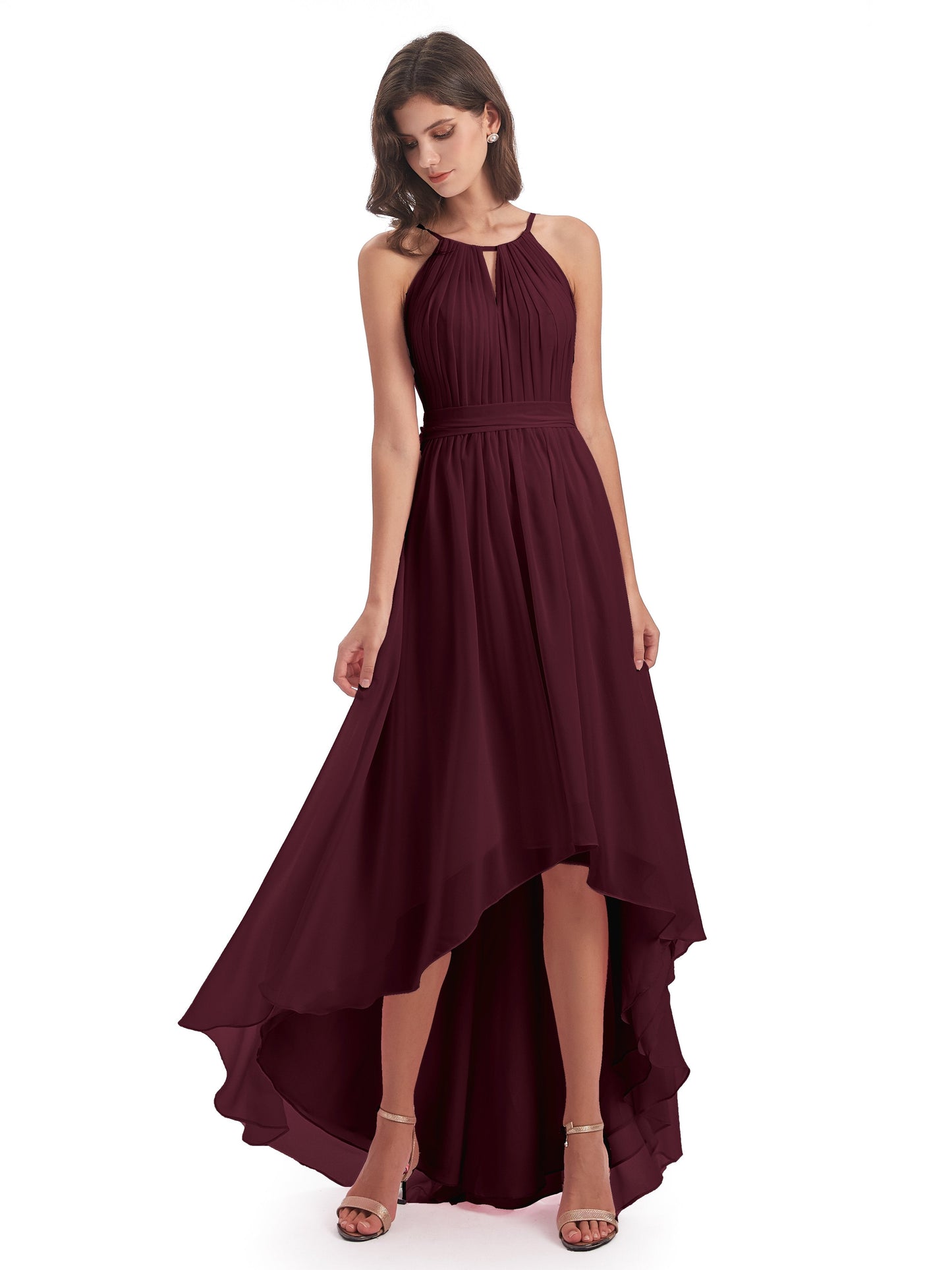 Oaklee Asymmetrical High Low Halter Chiffon Bridesmaid Dresses