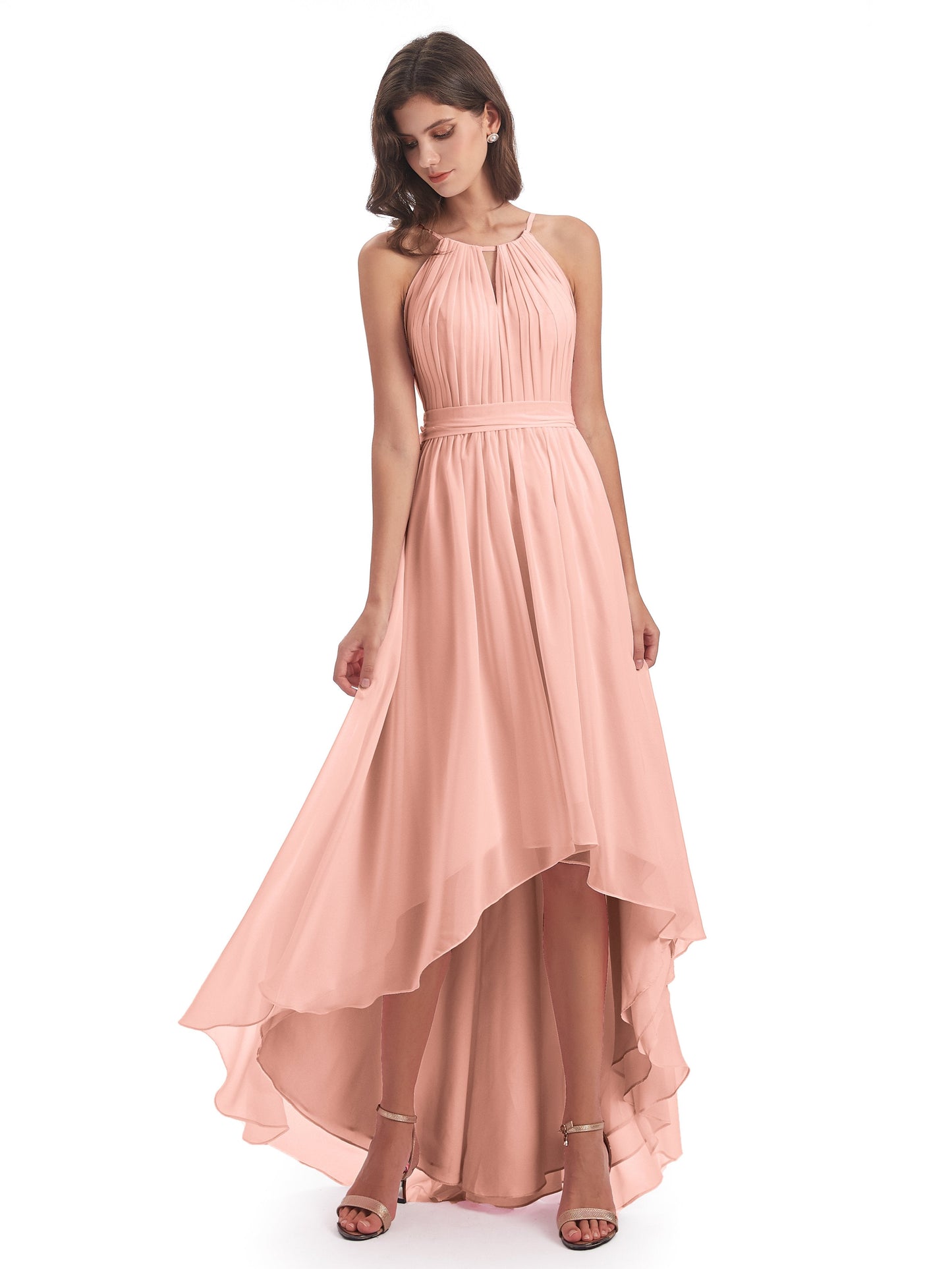 Oaklee Asymmetrical High Low Halter Chiffon Bridesmaid Dresses