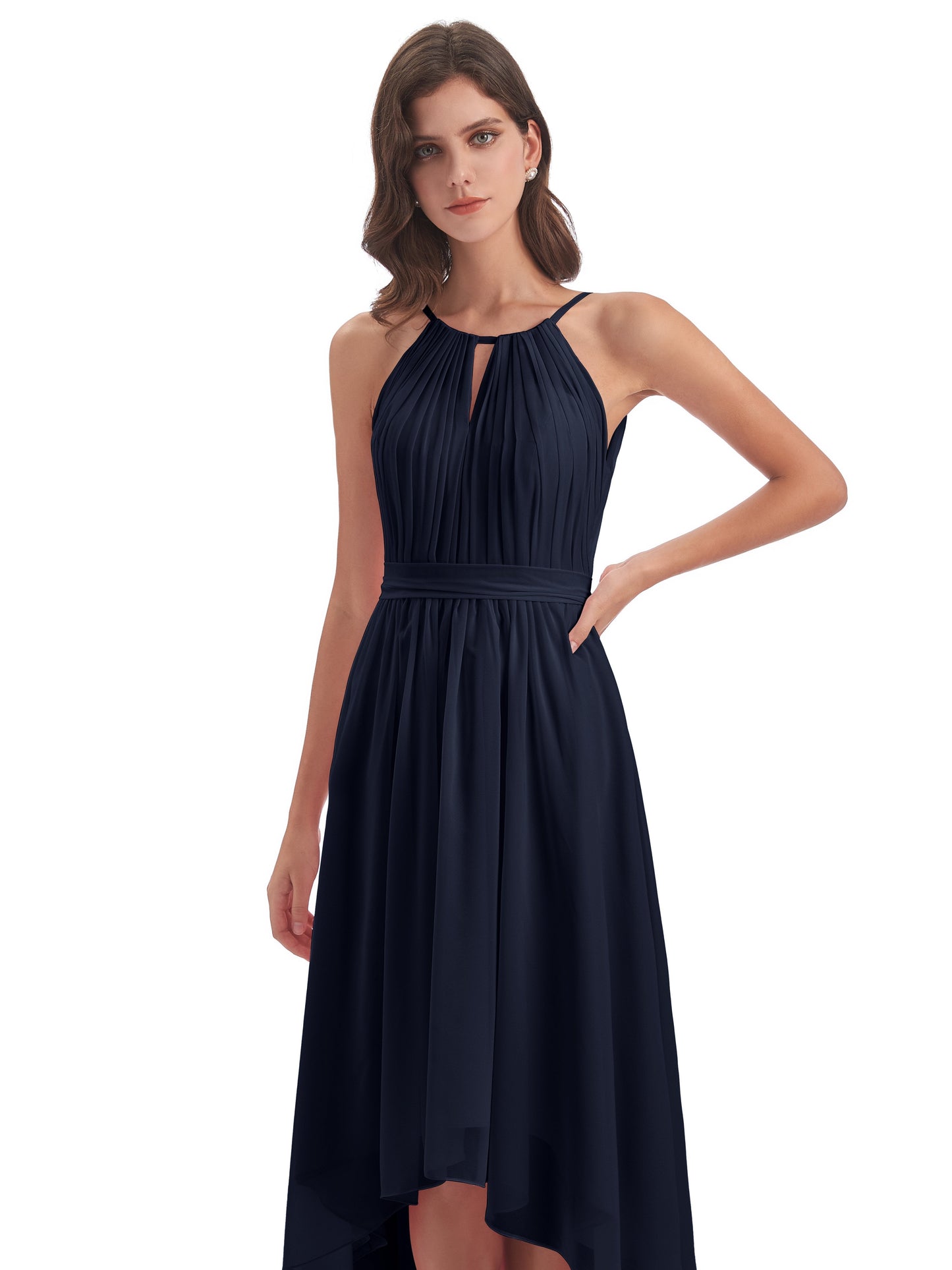 Oaklee Asymmetrical High Low Halter Chiffon Bridesmaid Dresses