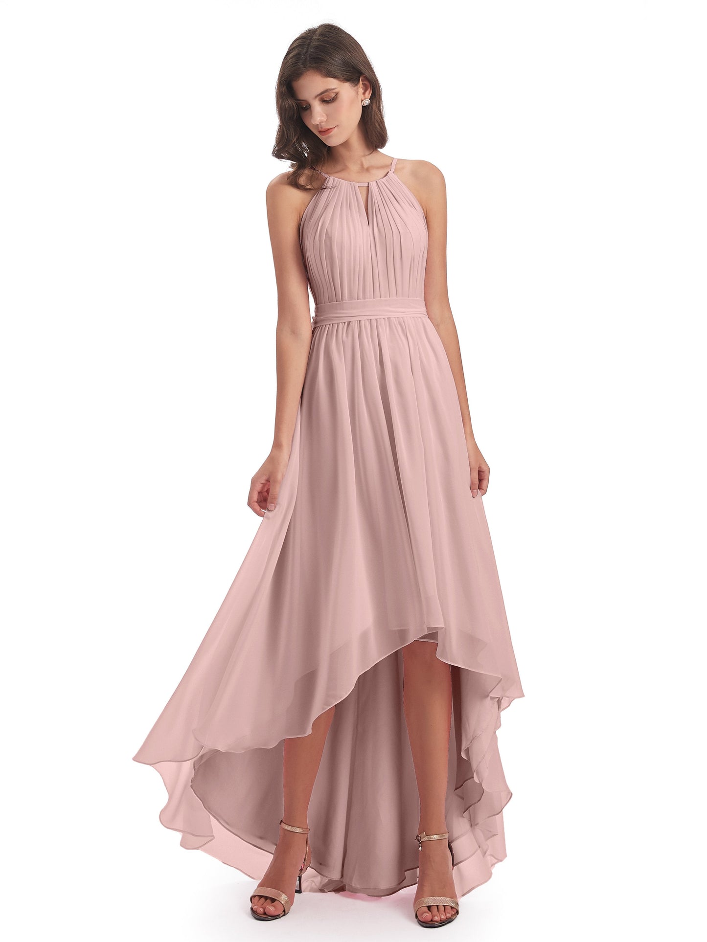 Oaklee Asymmetrical High Low Halter Chiffon Bridesmaid Dresses