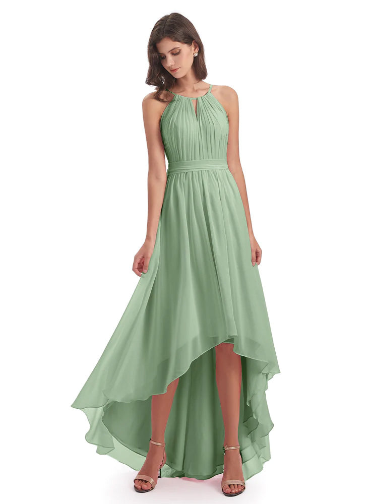 Oaklee Asymmetrical High Low Halter Chiffon Bridesmaid Dresses