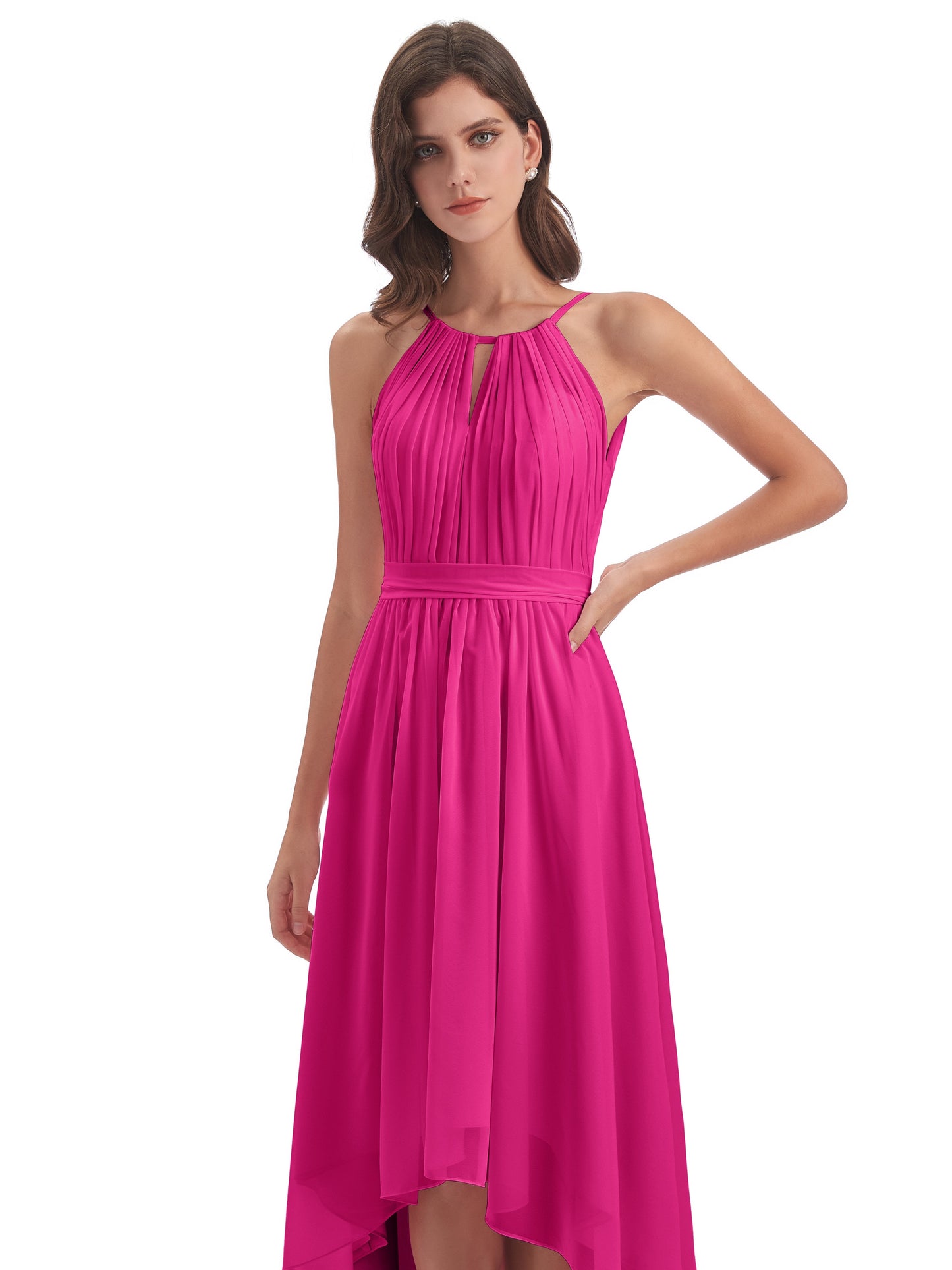 Oaklee Asymmetrical High Low Halter Chiffon Bridesmaid Dresses