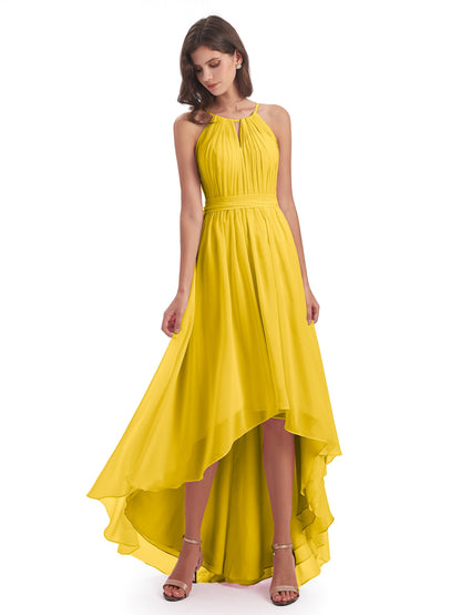 Oaklee Asymmetrical High Low Halter Chiffon Bridesmaid Dresses