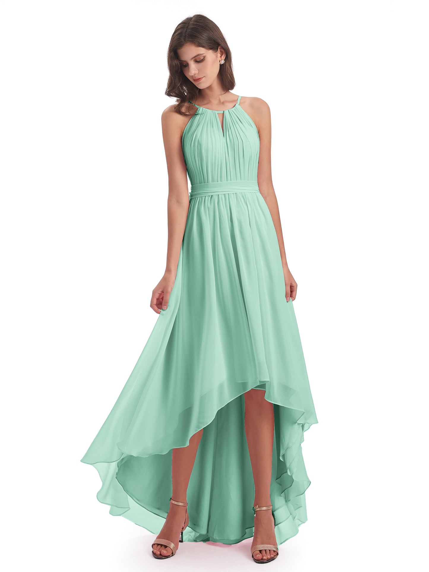 Oaklee Asymmetrical High Low Halter Chiffon Bridesmaid Dresses