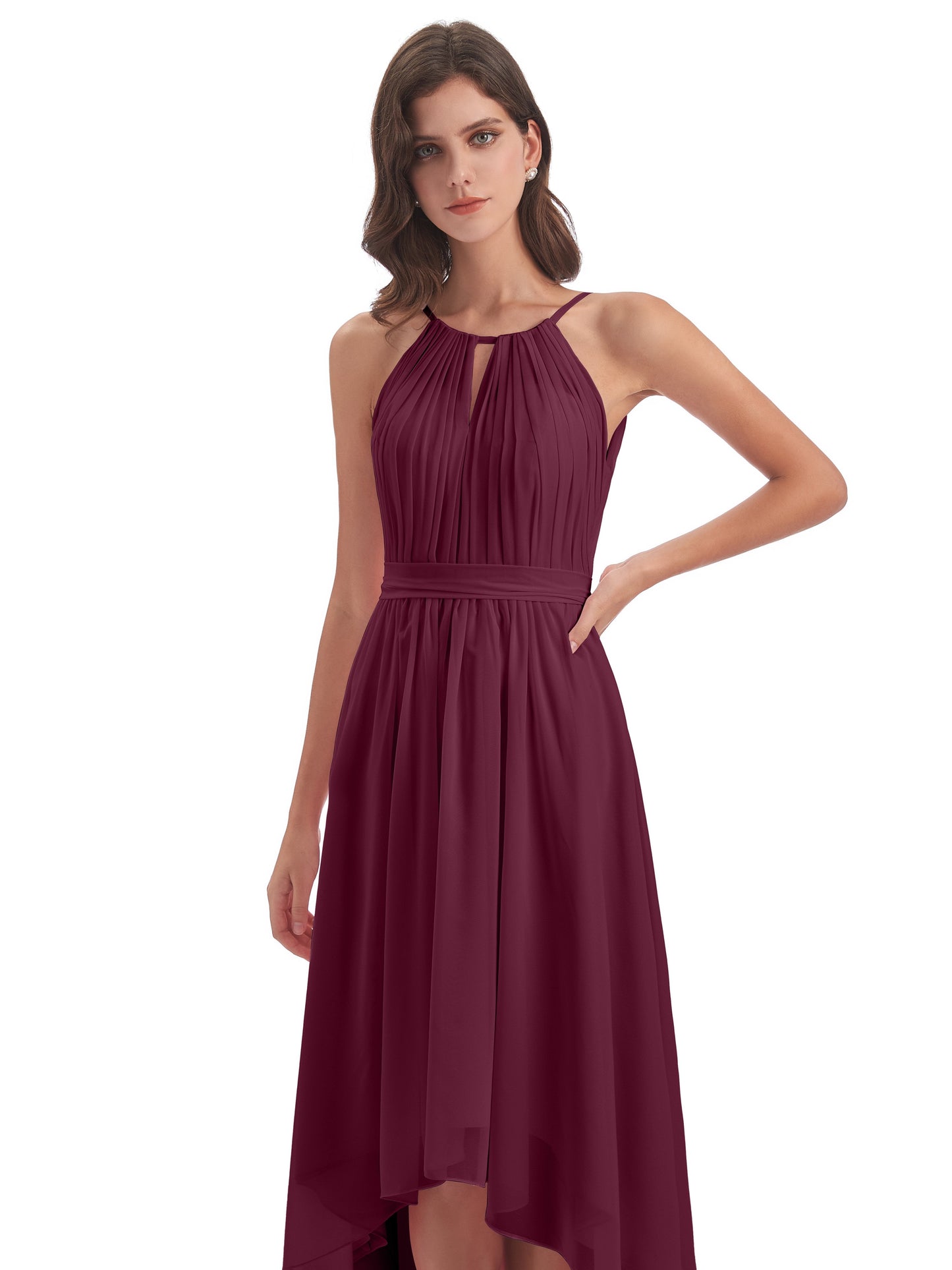 Oaklee Asymmetrical High Low Halter Chiffon Bridesmaid Dresses