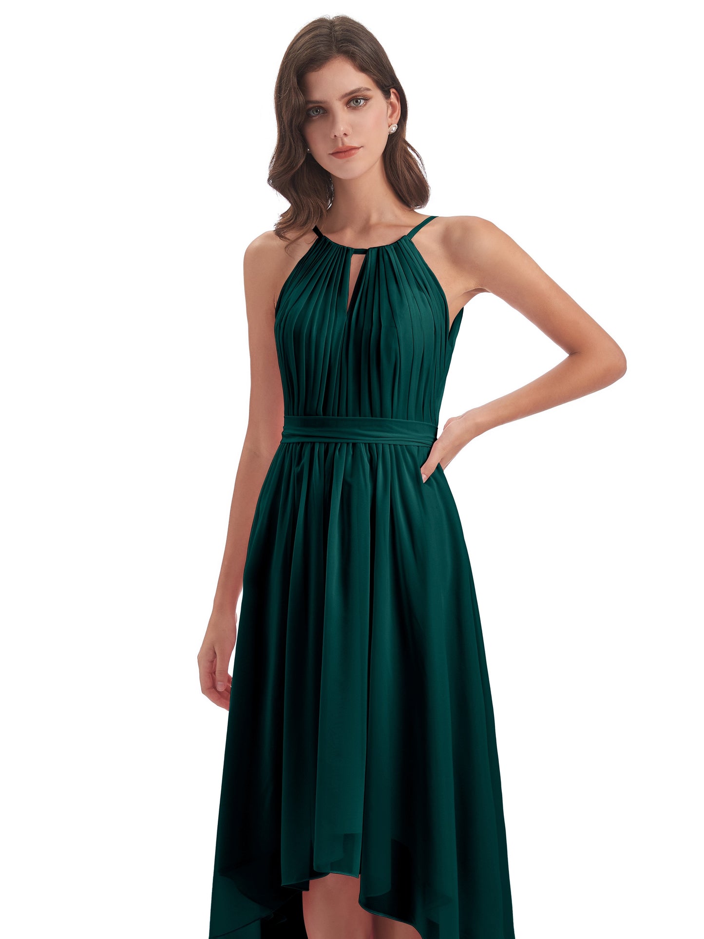 Oaklee Asymmetrical High Low Halter Chiffon Bridesmaid Dresses