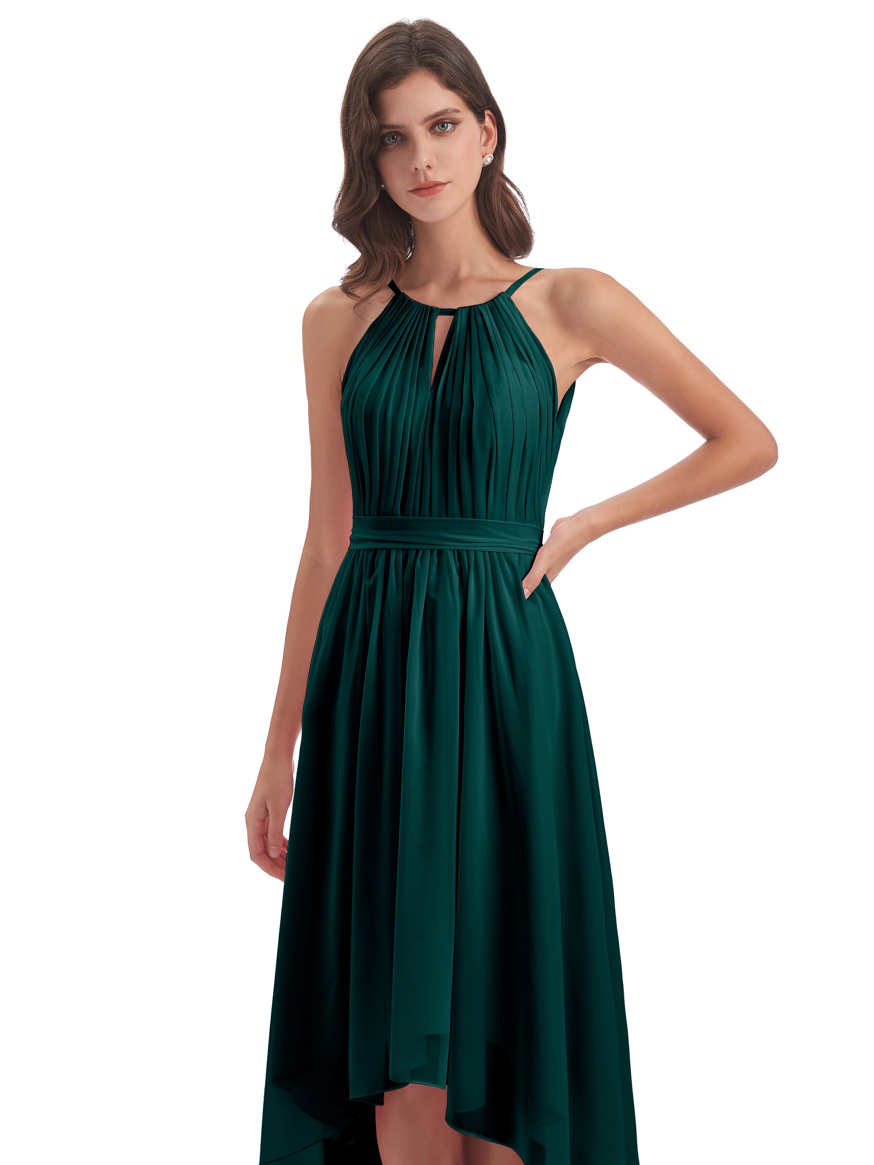 Oaklee Asymmetrical High Low Halter Chiffon Bridesmaid Dresses