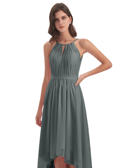 Oaklee Asymmetrical High Low Halter Chiffon Bridesmaid Dresses