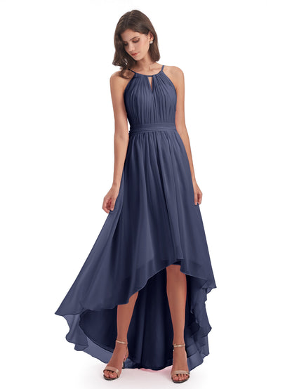 Oaklee Asymmetrical High Low Halter Chiffon Bridesmaid Dresses