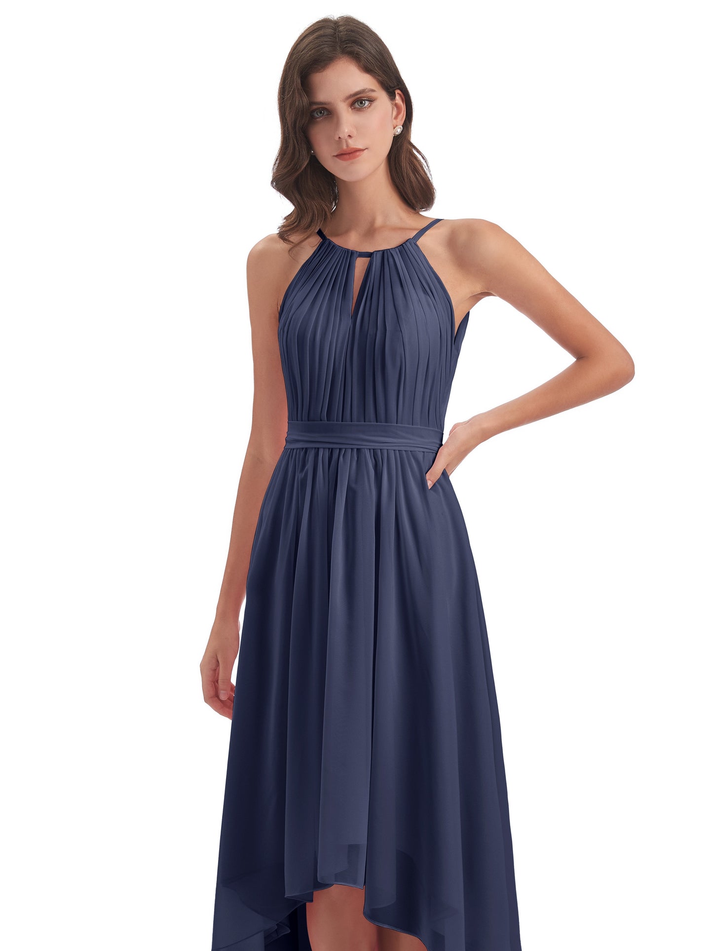 Oaklee Asymmetrical High Low Halter Chiffon Bridesmaid Dresses