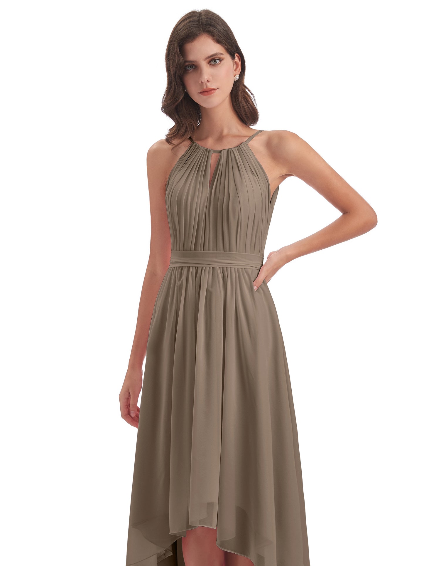 Oaklee Asymmetrical High Low Halter Chiffon Bridesmaid Dresses