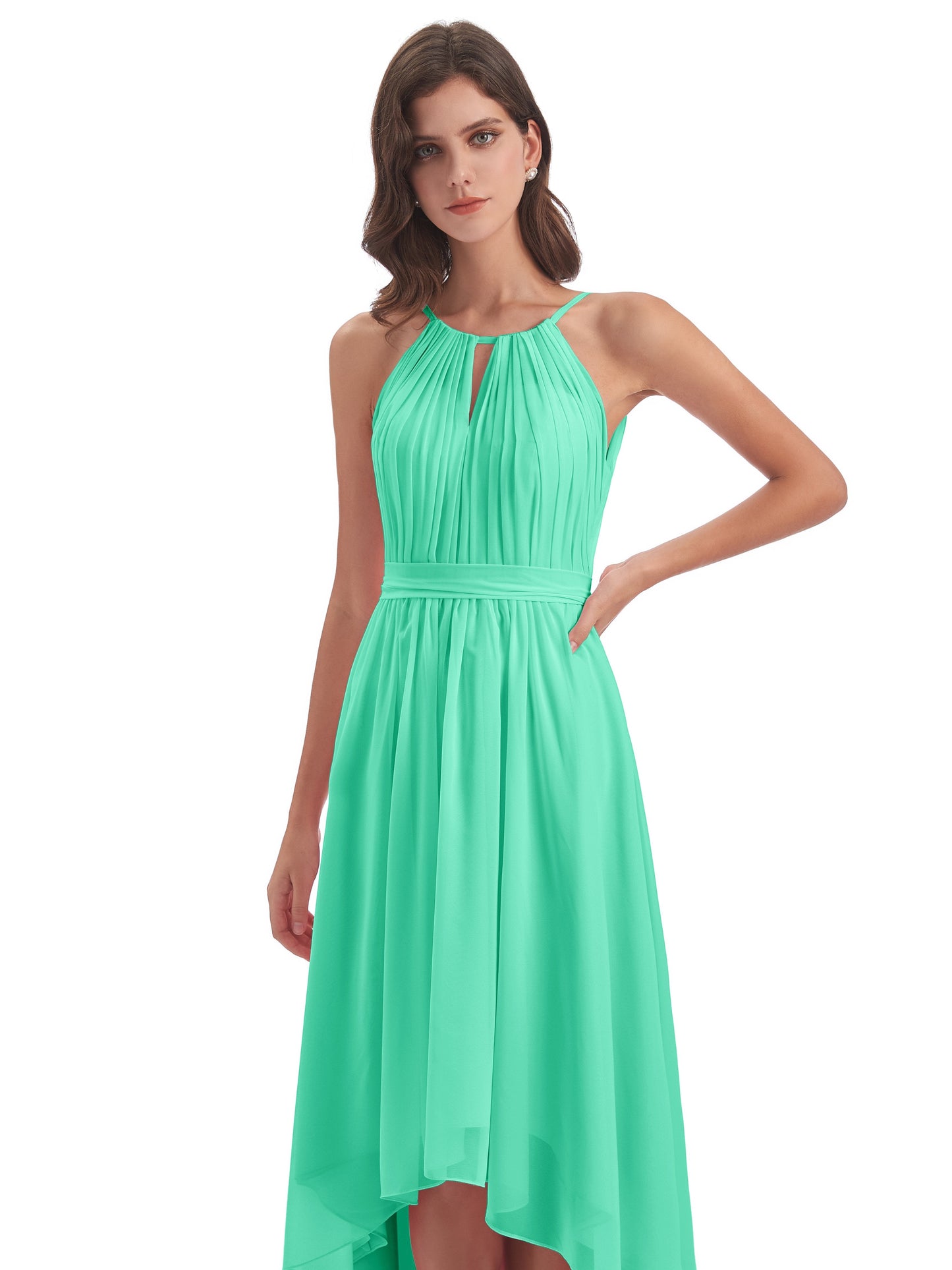 Oaklee Asymmetrical High Low Halter Chiffon Bridesmaid Dresses